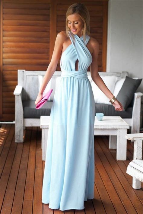 Beautiful Halter Neck Sleeveless Light Blue Maxi Dress