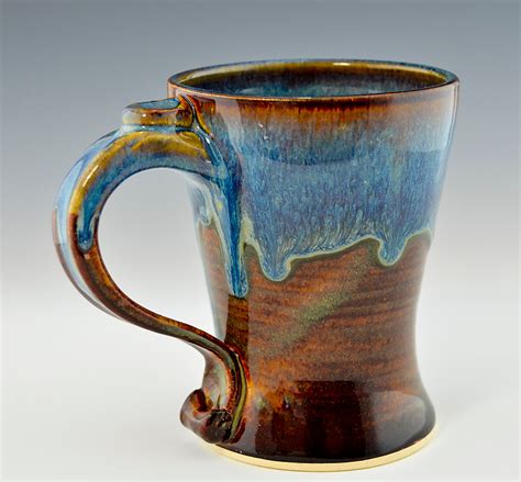 handmade stoneware tall coffee mug blue brown gifted pottery