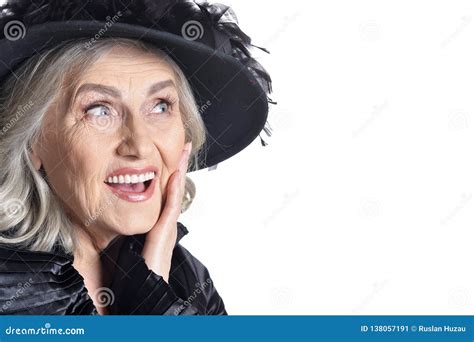 Portrait Of Gorgeous Mature Woman Posing On White Background Stock