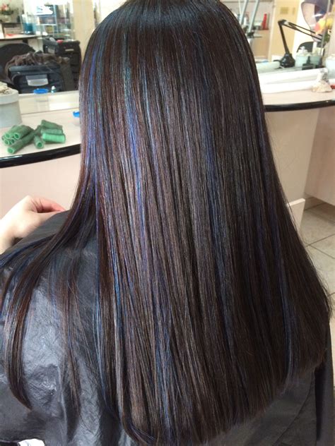 stunning blue highlights  dark brown hair