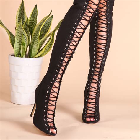 women s peep toe lace up high heels over the knee boots
