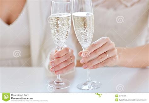 close up of lesbian couple with champagne glasses stock