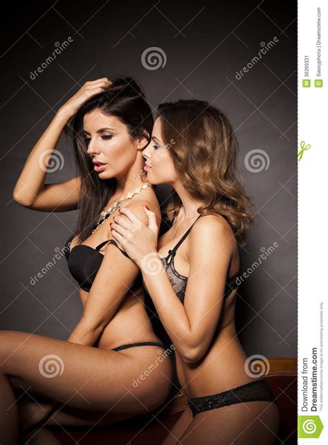 Two Lesbian Lingerie Women Hugging Stock Image Image Of