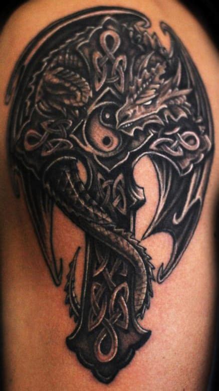 Shoulder Dragon And Cross Tattoo Chronic Ink