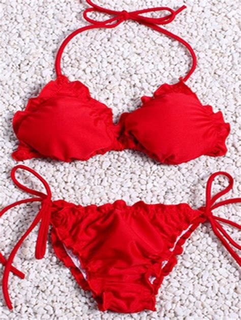 2018 Ruffles Halter String Bikini Set In Red L Zaful