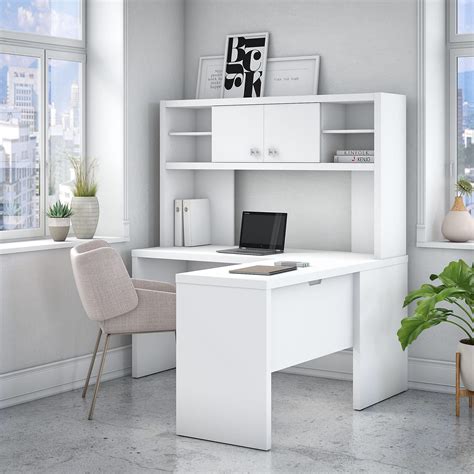 shaped desk  hutch  pure white  bush