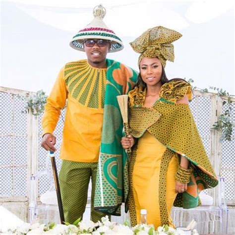 sotho groom andtswana bride in green and yellow shweshwe attire