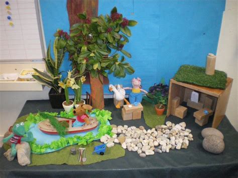voorbeeld van een verteltafel book baskets small world play nature table sensory bins diy
