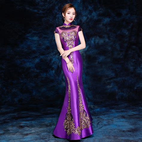 2018 modern cheongsam purple long qipao women traditional chinese