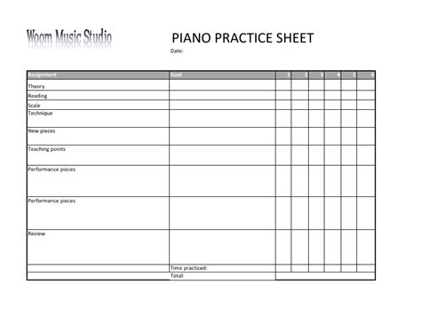 piano practice sheet template woom  studio  printable  templateroller