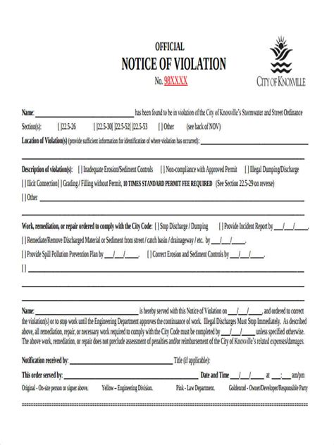 sample notice  violation forms  ms word
