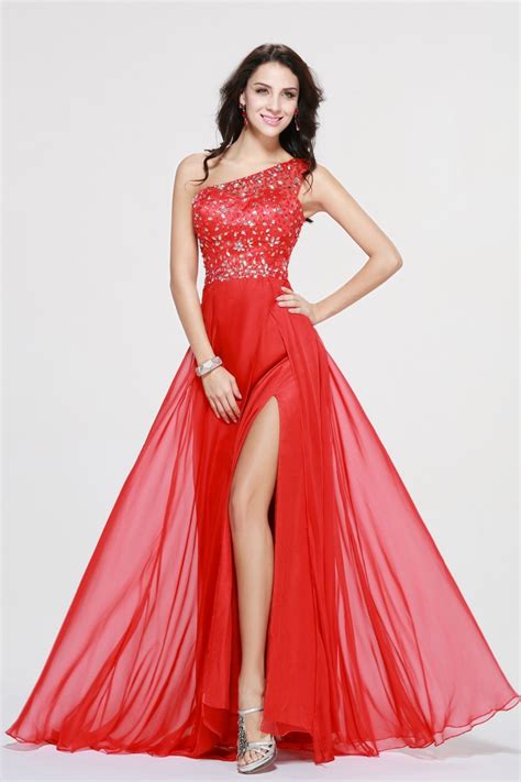 vestido de fiesta sexy gasa  hombro rhinestone largo rojo vestido de fiesta  alta hendidura