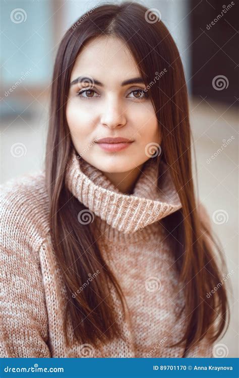 Portrait Of Smiling Caucasian Brunette Young Beautiful Girl Woman Model