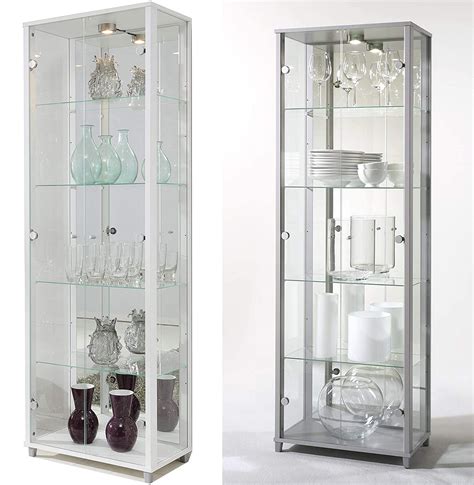 Floor Standing Tall Glass Display Cabinet 2 Door Mirrored Led And Lock