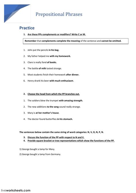 prepositional phrase worksheet  answers education template