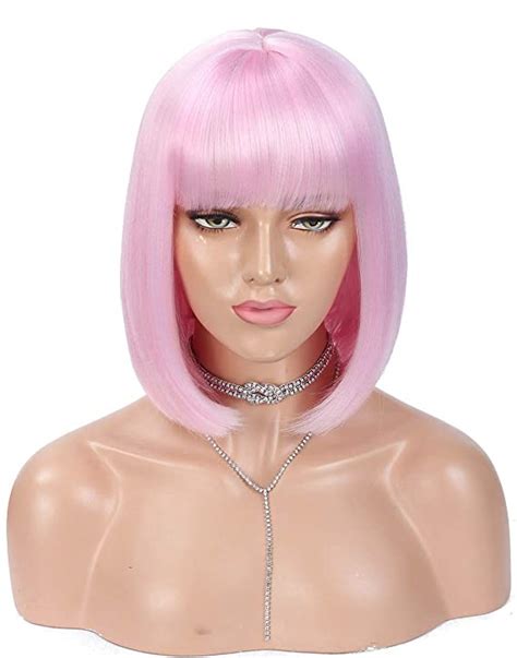 amazoncom light pink short bob wig  bangs  women synthetic pastel pink wigs straight