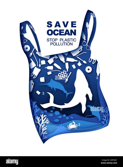 Save Ocean Stop Plastic Pollution Vector Illustration In Paper Art