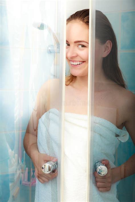 woman showering in shower cabin cubicle stock image image of