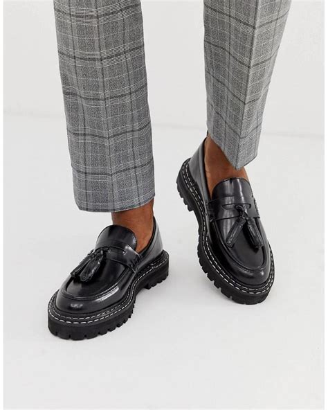 asos loafers  black leather  chunky sole  contrast stitch  black  men lyst