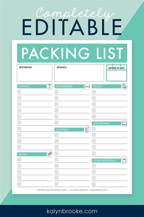 printable packing list editable  included