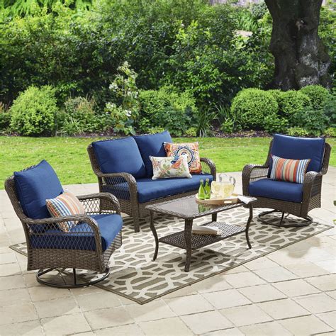 homes gardens colebrook  piece outdoor conversation set  blue cushions walmartcom