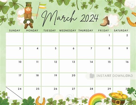 editable march  calendar   lucky month  clovers cute pri