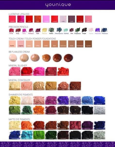 color chart  younique products eye pigments mineral pigments  fiber lash mascara pigment