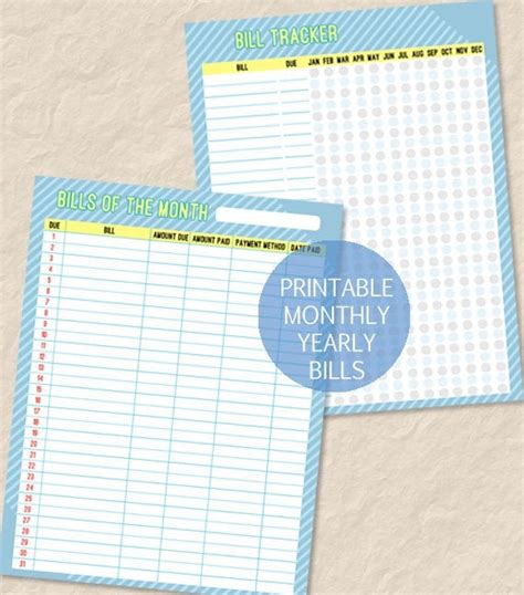 printable monthly  yearly bill tracker yearly bills