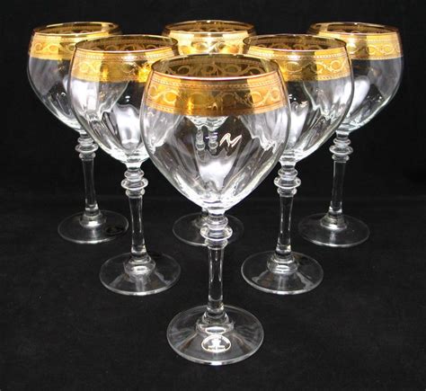 Set Of 6 Italian Crystal Wine Water Glasses Gold Rim Beverage