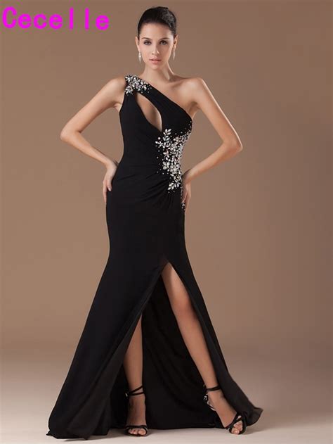 2019 sexy long black prom dresses one shoulder crystals a line sweep