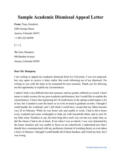 sample academic dismissal appeal letter  printable
