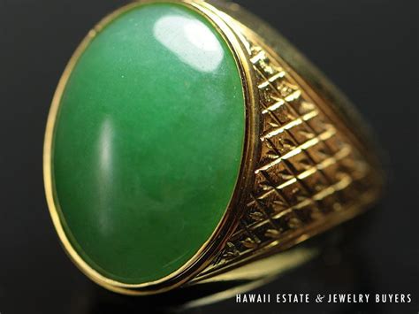 certified apple green jade mens ring large cabochon  gold sz