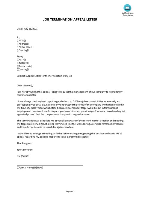 job termination appeal letter templates  allbusinesstemplatescom
