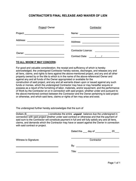 contractors final release waiver  lien fill  sign printable