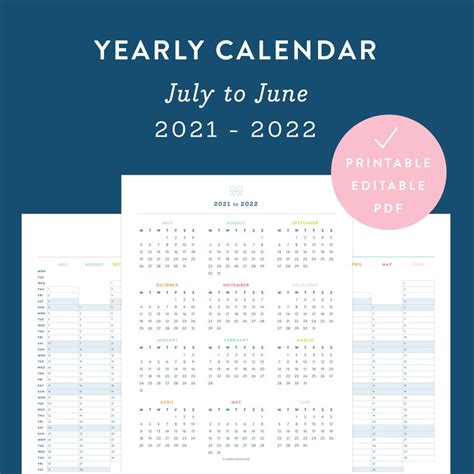 yearly calendar academic year printable etsy