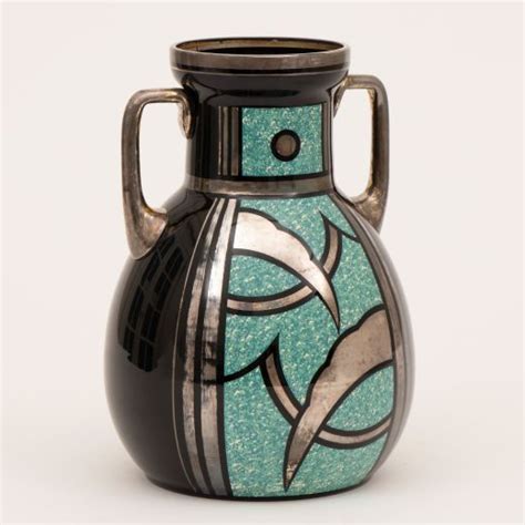 French Art Deco Black And Turquoise Glass Vase By Hem Michel Herman C