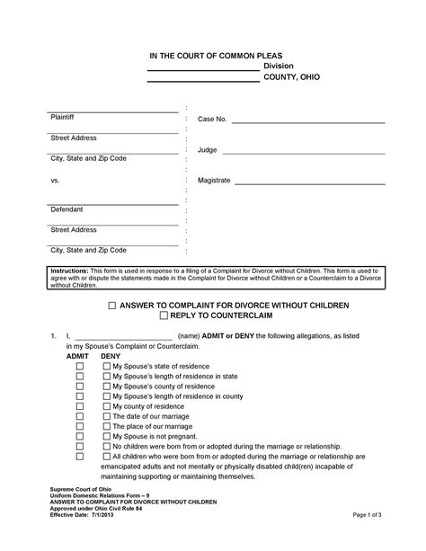printable divorce papers ohio tutoreorg master  documents