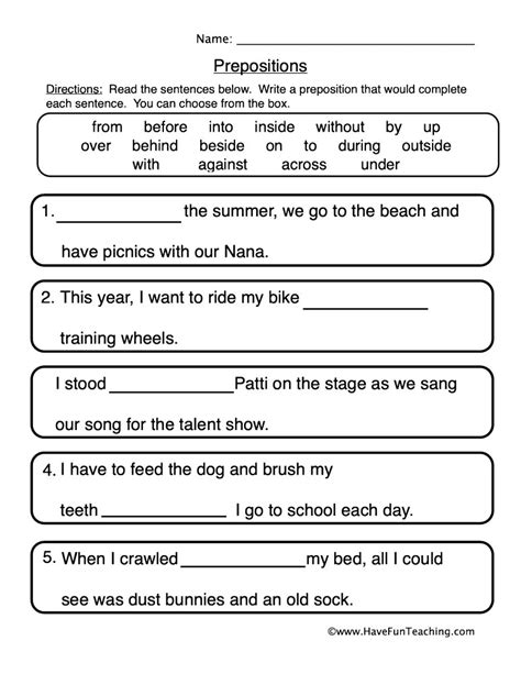 fill   blanks prepositions worksheet  fun teaching