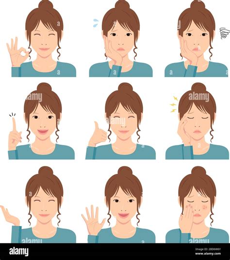 Young Woman Vector Illustration Set Hand Gesture And Emotional Face