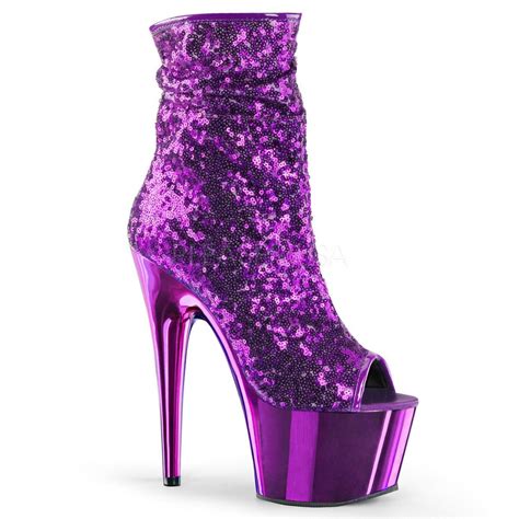 Pleaser Adore 1008sq Purple Sequins Ankle Boots With Purple Chrome