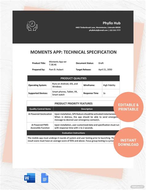 technical requirements document template  google docs word