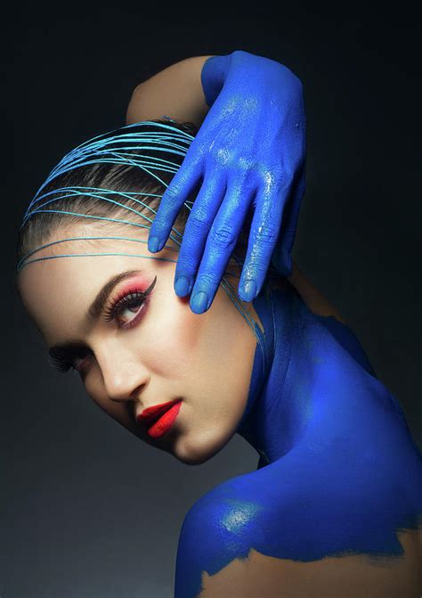 Woman In Blue Body Paint And Red Makeup Photograph By