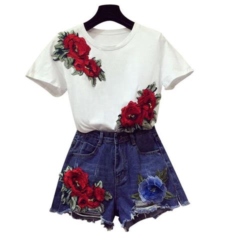embroidery suits white t shirts jeans denim shorts set
