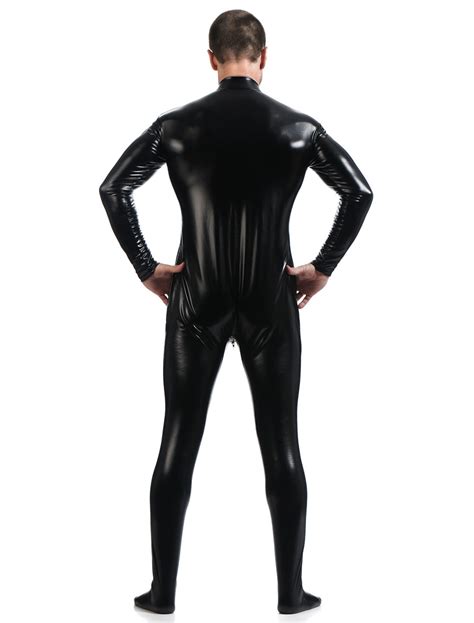 black adults bodysuit shiny metallic catsuit for men
