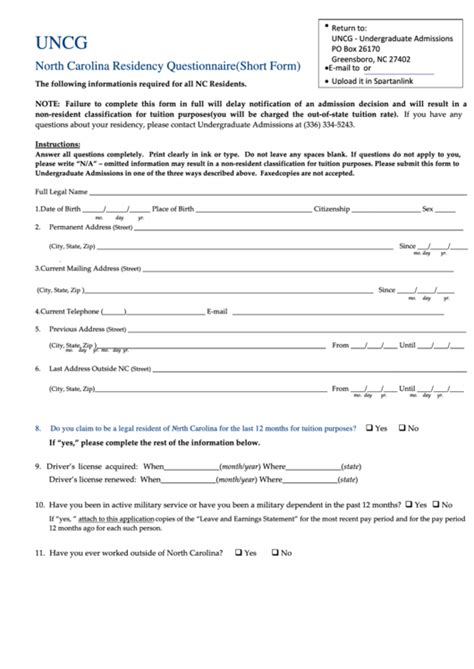 Uncg North Carolina Residency Questionnaire Form Printable Pdf Download