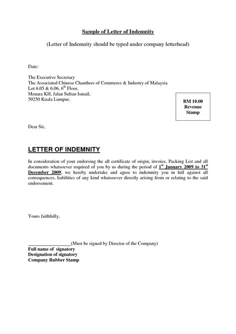 letter  indemnification template examples letter template collection