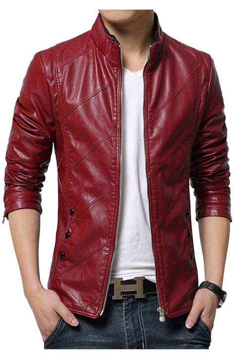 Slim Fit Red Leather Jacket Men S Faux Leather Red