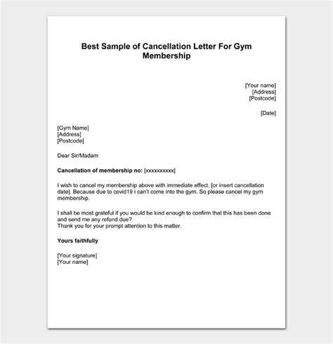 gym membership cancellation letter template