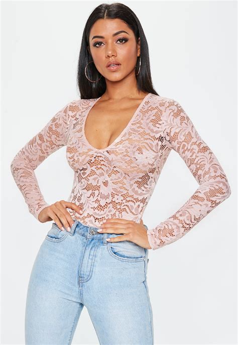 tall pink long sleeve lace bodysuit missguided