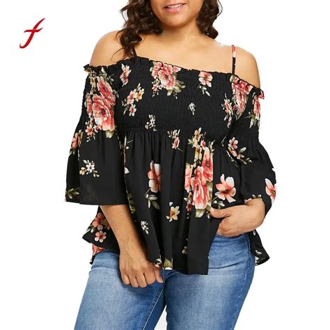 feitong  size tops summer women cold shoulder floral printing flare sleeve shirt tops slash